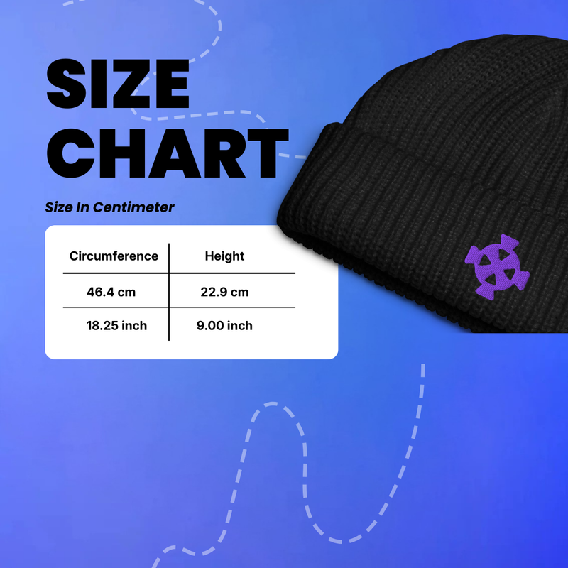 Size chart for embroidered beanie, OSRS Old School RuneScape merch beanie with fit and measurement guide for a perfect gift