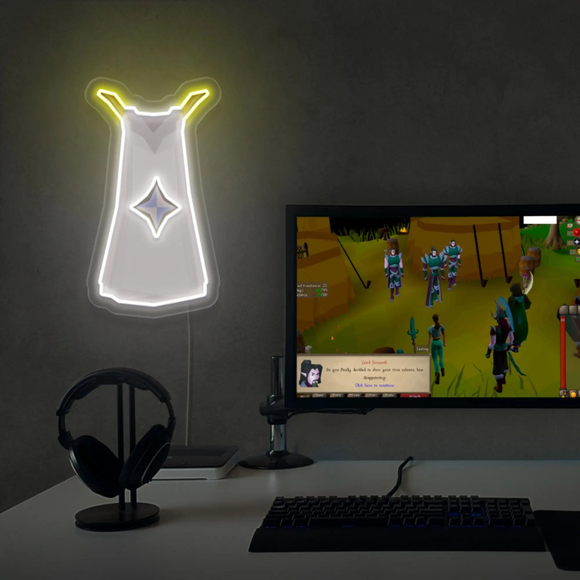 The Runescape Prayer Skillcape LED neon sign proudly sits next to a gaming PC, symbolizing the spiritual journey of players in Old School RuneScape. An emblem of faith and devotion, this LED neon sign adds a touch of reverence and solemnity to any gaming space.