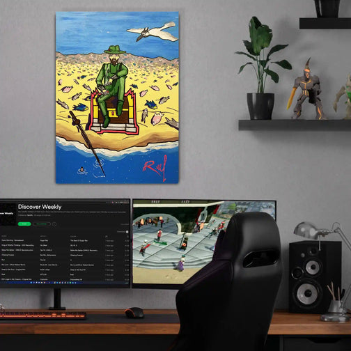 Illuminate your gaming desk with the Runescape Fisherman Print on Canvas Fan Art Glow in the Dark, casting a captivating day effect above your gaming setup. Perfect for Runescape enthusiasts seeking immersive decor, this artwork adds a touch of nostalgia to your gaming area.