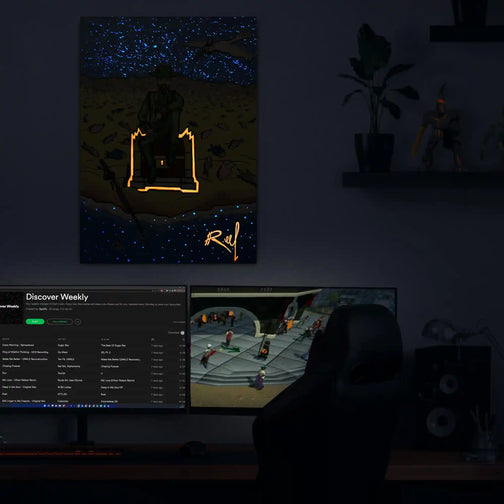 Transform your gaming desk with the Runescape Fisherman Print on Canvas Fan Art Glow in the Dark, emanating a mesmerizing glow-in-the-dark effect at night. Perfect for Runescape enthusiasts seeking immersive decor, this artwork adds a magical touch to your gaming area.