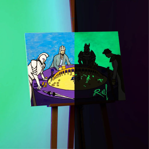 Experience the dynamic glow of Sand Casino with this 50x50 cm canvas print, showcasing a captivating 50/50 day and night effect. Photo taken while painting is on easel.