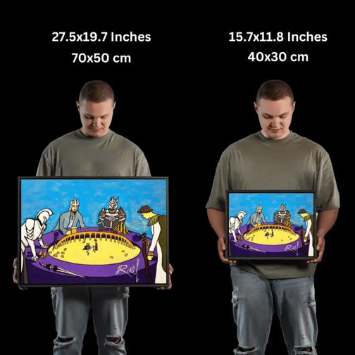 Get a sense of scale as the artist holds up this glow-in-the-dark canvas print of Sand Casino, compared to his life size.