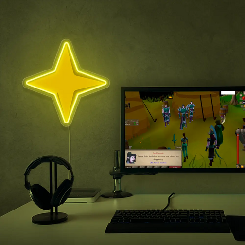 The Runescape Saradomin Symbol LED neon sign proudly sits next to a gaming PC, symbolizing the divine power and purity of Saradomin in RuneScape. An emblem of faith and righteousness, this LED neon sign adds a touch of divinity and grace to any gaming space.