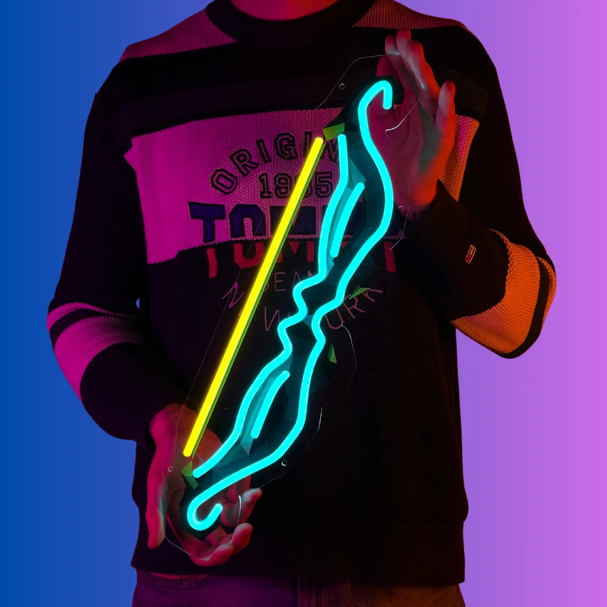 A person proudly displaying a LED neon sign featuring the coveted Twisted Bow against a backdrop, symbolizing their passion for Runescape.