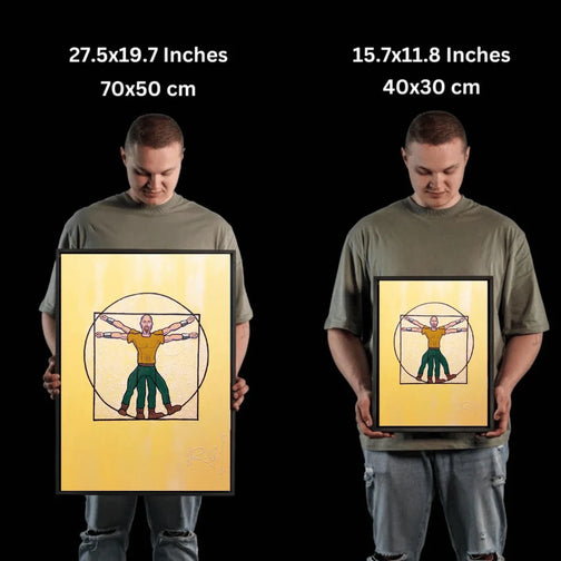 Get a sense of scale as the artist holds up this glow-in-the-dark canvas print of Vitruvian Bot, compared to his life size. Perfect gift for gamers.