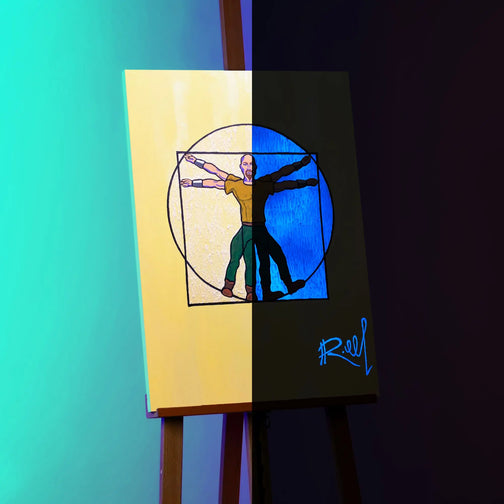 Experience the dynamic glow of Vitruvian Bot with this glow-in-the-dark canvas print, showcasing a captivating 50/50 day and night effect. Photo taken while painting is on easel. Ideal gift for gaming enthusiasts.