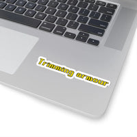 Trimming Armour OSRS sticker on laptop surface, classic RuneScape scam phrase merch decal