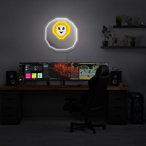 Illuminate your gaming setup with the OSRS Chaos Rune LED neon sign mounted above a gaming PC. The iconic Chaos Rune symbol adds a touch of chaos and magic to your gaming environment, reminiscent of the unpredictable adventures in Old School RuneScape. A unique gift for OSRS enthusiasts.