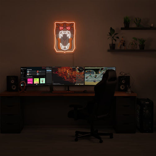 Illuminate your gaming setup with the OSRS Dragon Fire Shield LED neon sign mounted above a gaming PC. Featuring the iconic fire shield symbol from the game, this LED neon sign adds a sense of excitement to your gaming environment, evoking memories of your adventures in RuneScape. This is a unique gift for your RuneScape buddy, evoking nostalgic memories.