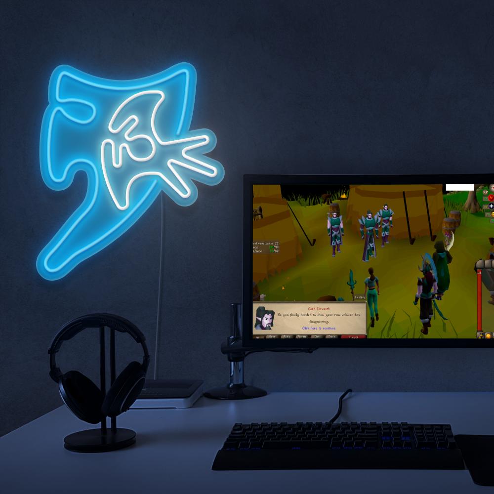 RuneScape Elysian Spirit Shield LED neon sign next to gaming PC – OSRS setup wall decor