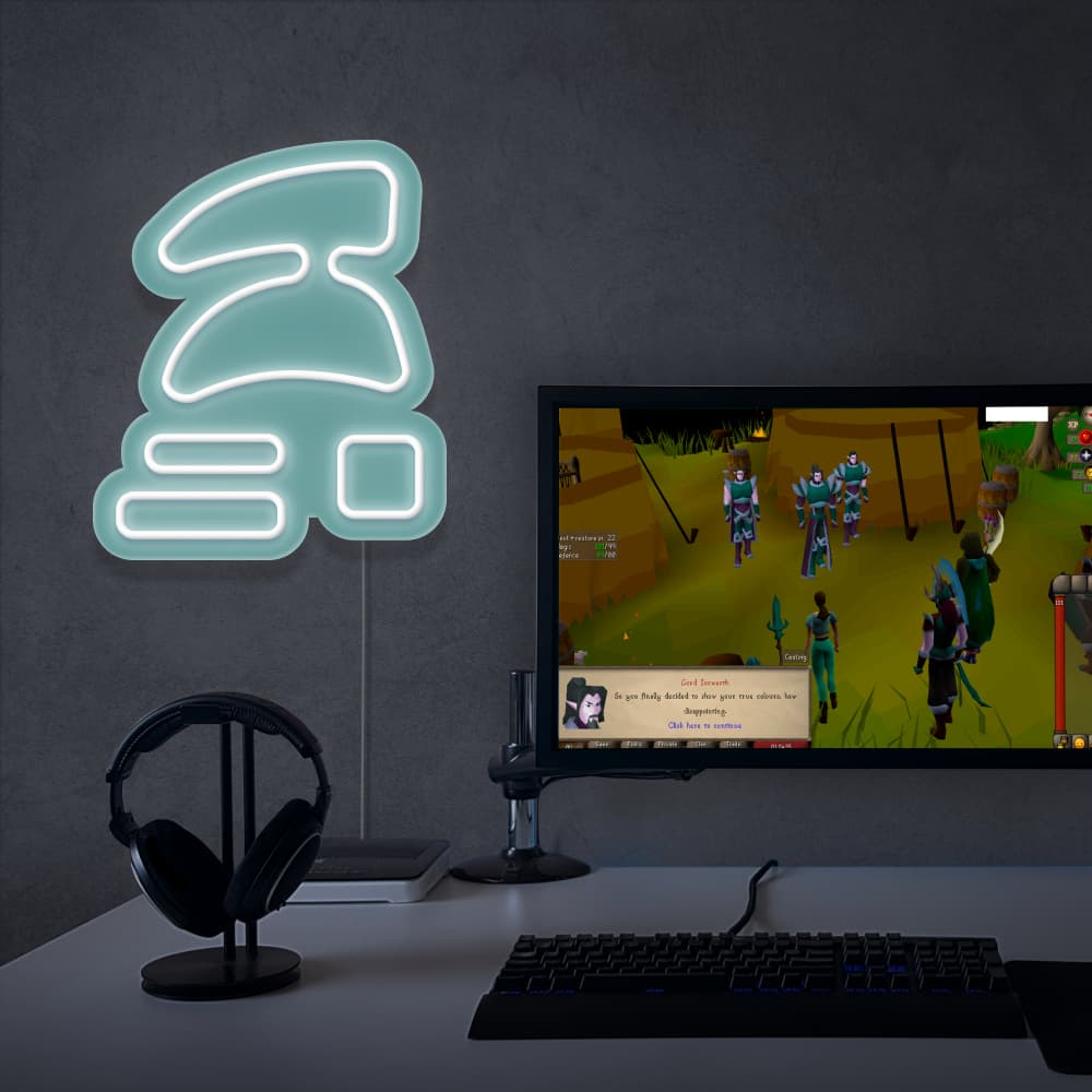 RuneScape Ironman LED neon sign next to gaming PC – OSRS setup wall decor