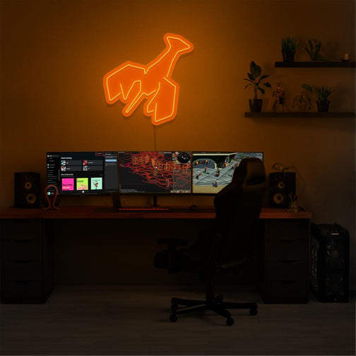 Illuminate your gaming setup with the OSRS Lobster LED neon sign mounted above a gaming PC. The iconic lobster symbolizes sustenance and survival in Old School RuneScape. A perfect addition to the room, this LED neon sign enhances the ambiance for RS enthusiasts. 