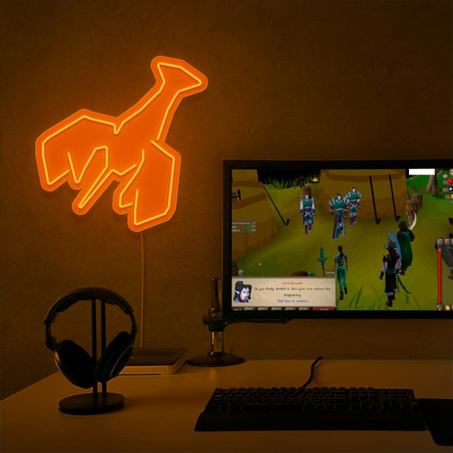 The OSRS Lobster LED neon sign proudly sits next to a gaming PC, symbolizing the essential role of lobsters as food for adventurers in Old School RuneScape. An emblem of sustenance and survival, this LED neon sign adds a touch of nostalgia and practicality to any gaming space.