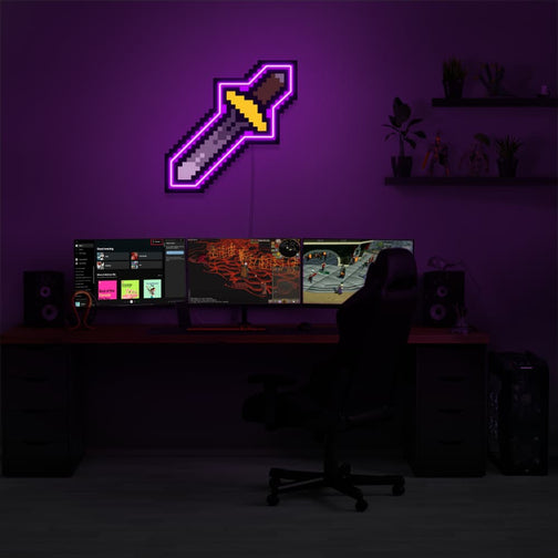 Illuminate your gaming setup with the OSRS Melee Protect LED neon sign mounted above a gaming PC. The iconic Melee Protect symbol symbolizes the strength and resilience of warriors in Old School RuneScape. A perfect addition to the room, this LED neon sign enhances the ambiance for RS enthusiasts.