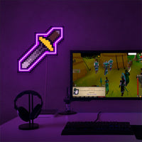 RuneScape Melee Protect LED neon sign next to gaming PC – OSRS setup wall decor