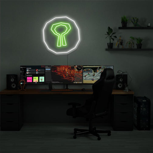 Illuminate your gaming setup with the OSRS Nature Rune LED neon sign mounted above a gaming PC. The iconic Nature Rune symbolizes the harmony between nature and magic in Old School RuneScape. A perfect addition to the room, this LED neon sign enhances the ambiance for RS enthusiasts. 