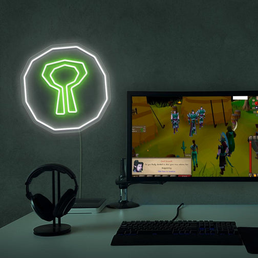 The OSRS Nature Rune LED neon sign proudly sits next to a gaming PC, symbolizing the mystical powers of nature in Old School RuneScape. An emblem of magic and enchantment, this LED neon sign adds a touch of wonder and intrigue to any gaming space.