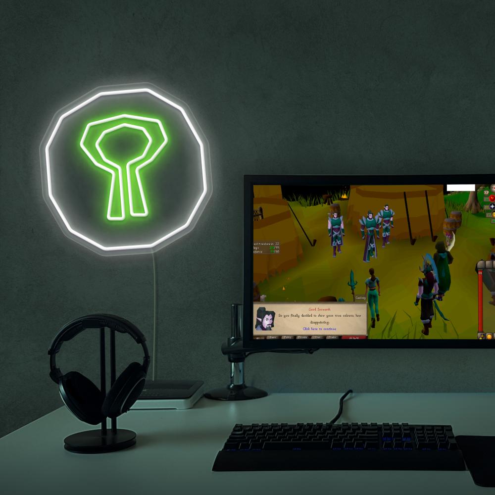 RuneScape Nature Rune LED neon sign next to gaming PC – OSRS setup wall decor