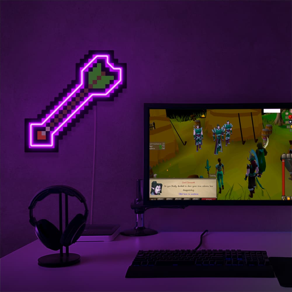 RuneScape Protect From Range LED neon sign next to gaming PC – OSRS setup wall decor