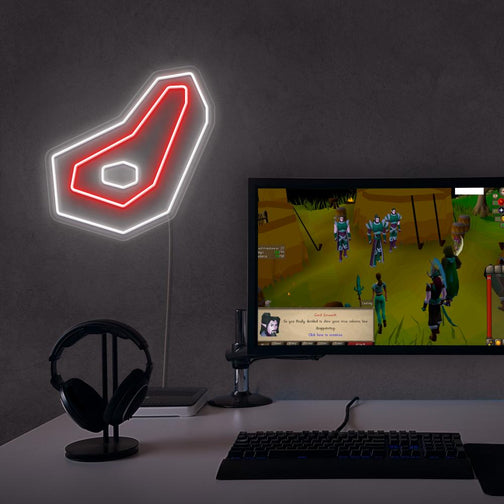 The OSRS Raw Beef LED neon sign proudly sits next to a gaming PC, symbolizing the culinary preparations of players in Old School RuneScape. An emblem of nourishment and sustenance, this LED neon sign adds a touch of culinary delight to any gaming space. 