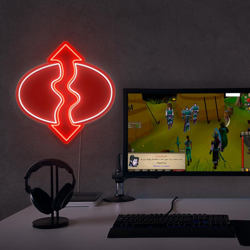 The OSRS Runecrafting LED neon sign proudly sits next to a gaming PC, symbolizing the creativity and power of the Runecrafting skill in Old School RuneScape. An emblem of magic and mystique, this LED neon sign adds a touch of intrigue and fascination to any gaming space.