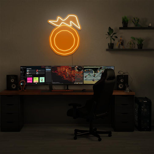 Illuminate your gaming setup with the OSRS Seers Ring LED neon sign mounted above a gaming PC. The Seers Ring represents the magical prowess and wisdom of the Seers in Old School RuneScape. A perfect addition to the room, this LED neon sign enhances the ambiance for OSRS enthusiasts. 