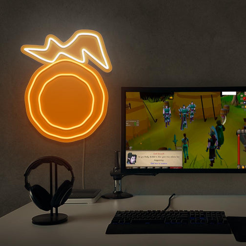 The OSRS Seers Ring LED neon sign proudly sits next to a gaming PC, symbolizing the magical insight and wisdom of the Seers in Old School RuneScape. An emblem of enchantment and foresight, this LED neon sign adds a touch of mystique and fascination to any gaming space.
