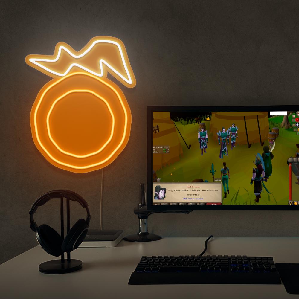 RuneScape Seers Ring LED neon sign next to gaming PC – OSRS setup wall decor
