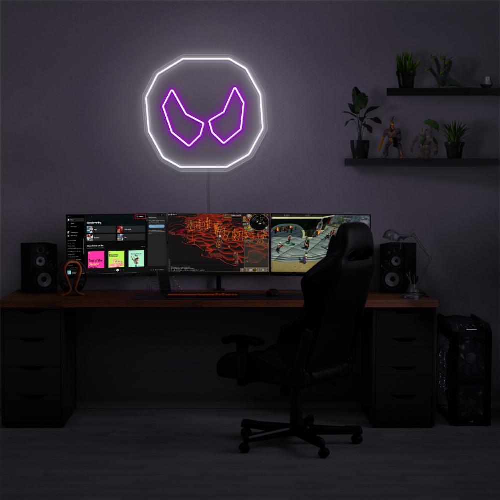 Illuminate your gaming setup with the OSRS Soul Rune LED neon sign mounted above a gaming PC. The Soul Rune represents the mystical essence and power of souls in Old School RuneScape. A perfect addition to the room, this LED neon sign enhances the ambiance for OSRS enthusiasts. 