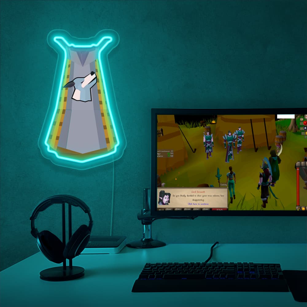 RuneScape Summoning Skillcape LED neon sign next to gaming PC – OSRS setup wall decor