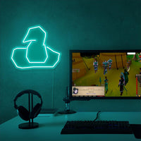RuneScape Wizard Hat LED neon sign next to gaming PC – OSRS setup wall decor