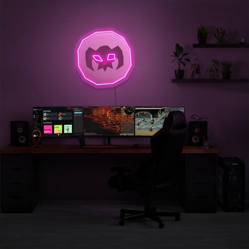 Illuminate your gaming setup with the OSRS Wrath Rune LED neon sign mounted above a gaming PC. The Wrath Rune represents the destructive power of magic in Old School RuneScape. A perfect addition to the room, this LED neon sign enhances the ambiance for OSRS enthusiasts.