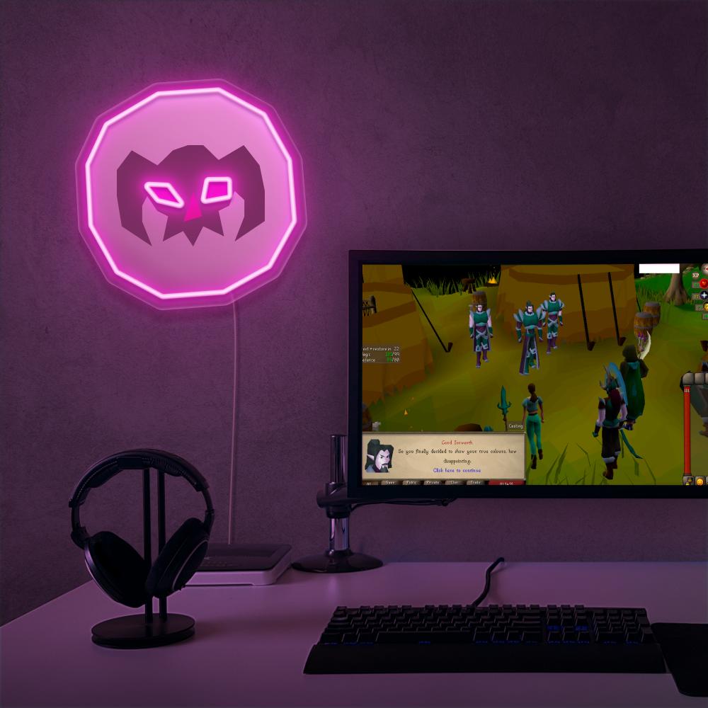 RuneScape Wrath Rune LED neon sign next to gaming PC – OSRS setup wall decor