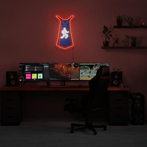 Runescape Agility Cape LED neon sign mounted above a gaming PC. Illuminate your gaming setup with this LED neon sign, featuring the Agility cape from RuneScape, ideal for fans aiming to create an immersive gaming environment.