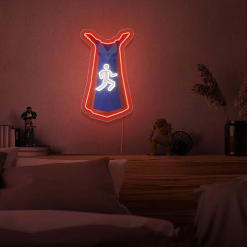 Runescape Agility Cape LED neon sign mounted above a sleeping bed. Add a touch of gaming flair to your bedroom with this LED neon sign, featuring the Agility cape from RuneScape, perfect for enthusiasts looking to decorate their space.