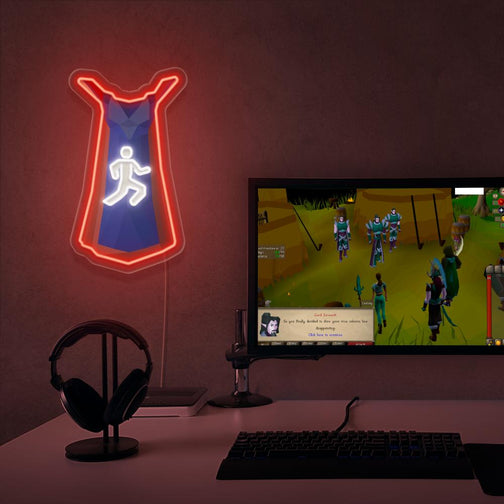 Runescape Agility Cape LED neon sign placed next to a gaming PC. Enhance your gaming setup with this LED neon sign, featuring the Agility cape from RuneScape, perfect for fans seeking to personalize their gaming space.