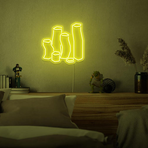 Illuminate your bedroom with the Runescape Coins LED neon sign mounted above the bed. This LED neon sign, featuring stacks of coins from RuneScape, creates a dreamy and prosperous atmosphere for rest and relaxation.