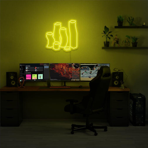 Enhance your gaming setup with the Runescape Coins LED neon sign placed next to a gaming PC. This LED neon sign, featuring stacks of coins from RuneScape, inspires a sense of wealth and accomplishment in your gaming space.