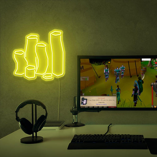 The Runescape Coins LED neon sign is positioned next to gaming PC, showcasing stacks of coins from RuneScape. This placement adds a sense of wealth and achievement to your gaming environment. 