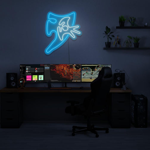 Illuminate your gaming setup with the Runescape Elysian Spirit Shield LED neon sign mounted above a gaming PC. The iconic Elysian shield design adds a touch of elegance and strength to your gaming environment, reminiscent of epic battles in RuneScape. A unique gift for Runescape enthusiasts.
