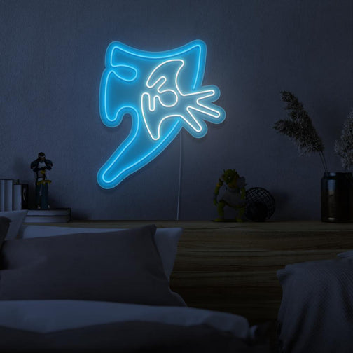 Runescape Elysian Spirit Shield LED neon sign hanging above bed in the bedroom, providing ideal lighting for the entire room.