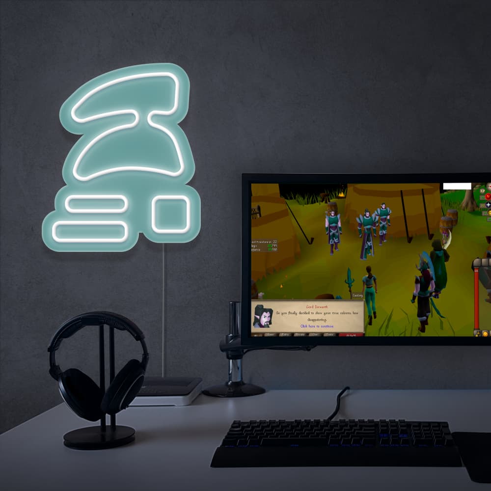 The Runescape Ironman LED neon sign proudly sits next to a gaming PC, symbolizing the dedication and perseverance of Ironman players in Old School RuneScape. An emblem of determination and self-reliance, this LED neon sign adds a touch of nostalgia and pride to any gaming space. 