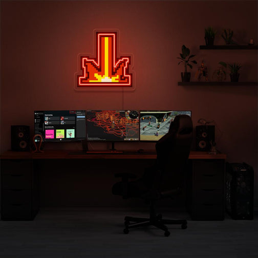 Illuminate your gaming setup with the Runescape Retribution LED neon sign mounted above a gaming PC. The Retribution spell icon symbolizes the concept of justice and punishment in Old School RuneScape. A perfect addition to the room, this LED neon sign enhances the ambiance for RS enthusiasts. 