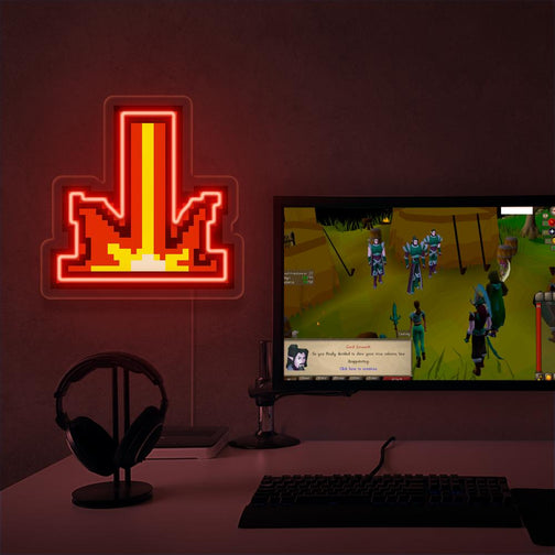 The Runescape Retribution LED neon sign proudly sits next to a gaming PC, symbolizing the power and authority of justice in Old School RuneScape. An emblem of retribution and righteousness, this LED neon sign adds a touch of determination and fairness to any gaming space.