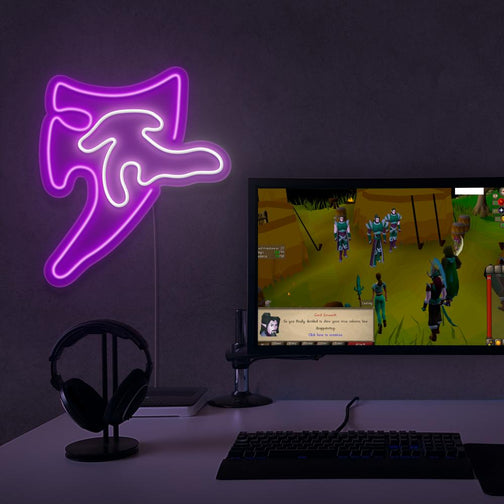 The Runescape Spectral Spirit Shield LED neon sign proudly sits next to a gaming PC, symbolizing the spiritual protection and resilience of the Spectral Spirit Shield in RuneScape. An emblem of defense and strength, this LED neon sign adds a touch of resilience and security to any gaming space.