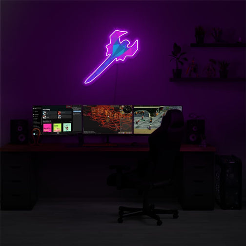Illuminate your gaming setup with the Runescape Toxic Blowpipe LED neon sign mounted above a gaming PC. The Toxic Blowpipe represents the deadly precision and venomous attacks in RuneScape. A perfect addition to the room, this LED neon sign enhances the ambiance for RuneScape enthusiasts.